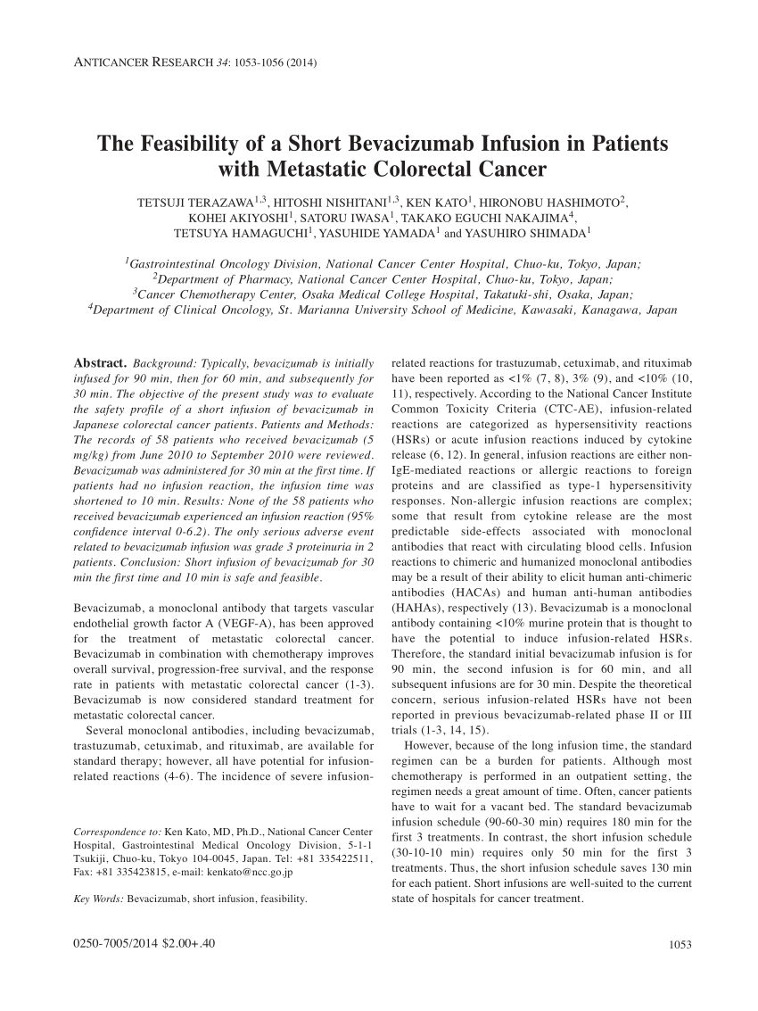 (PDF) The feasibility of a short bevacizumab infusion in patients with metastatic colorectal cancer