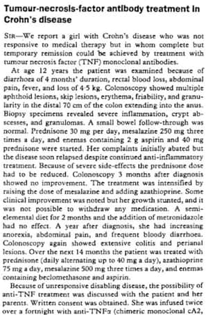 世界で初めてインフリキシマブがクローン病に投与された症例報告 - レ点腫瘍学ノート